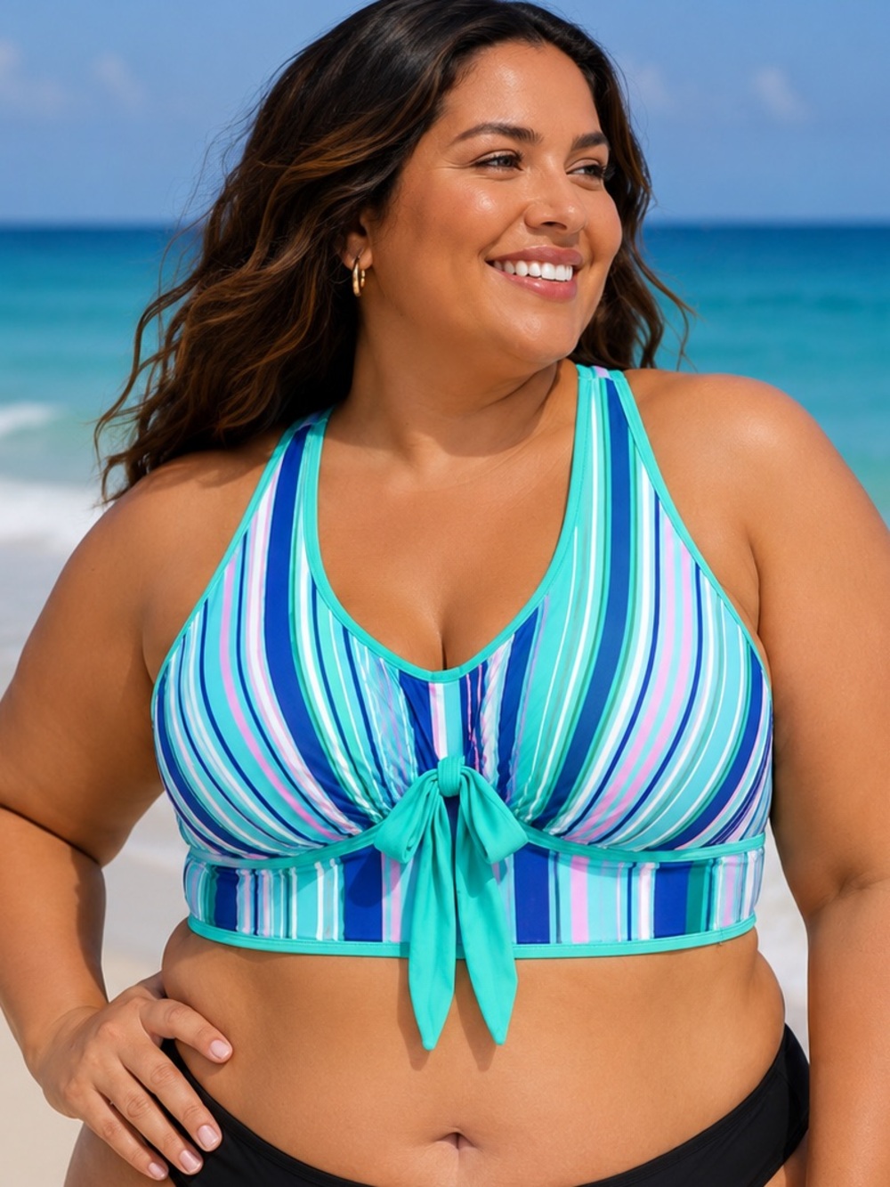 Rekita Striped Racerback Bikini Top Tie Front Wide Band 3XL